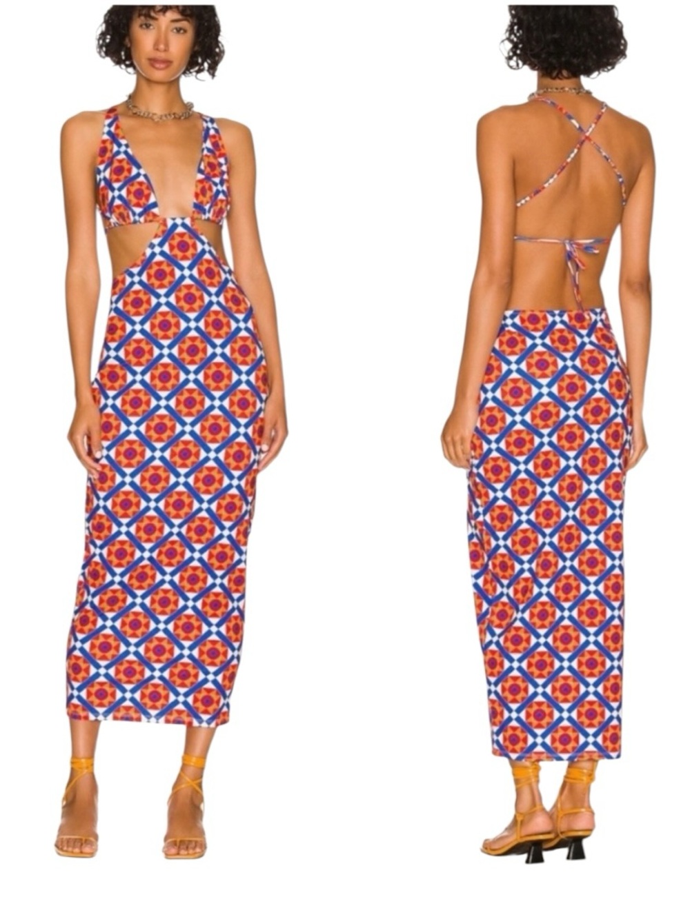 WeWoreWhat Geometric Print Plunging Neckline Cutout Open Back Maxi Dress (C)